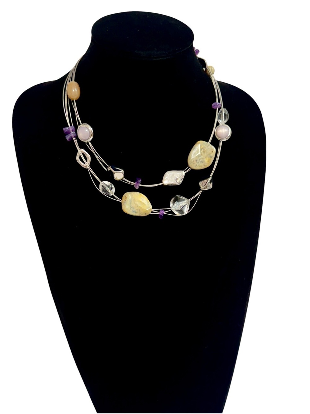 Chico’s Purple Tan Multi-strand Floating Stone Necklace 18” NWT